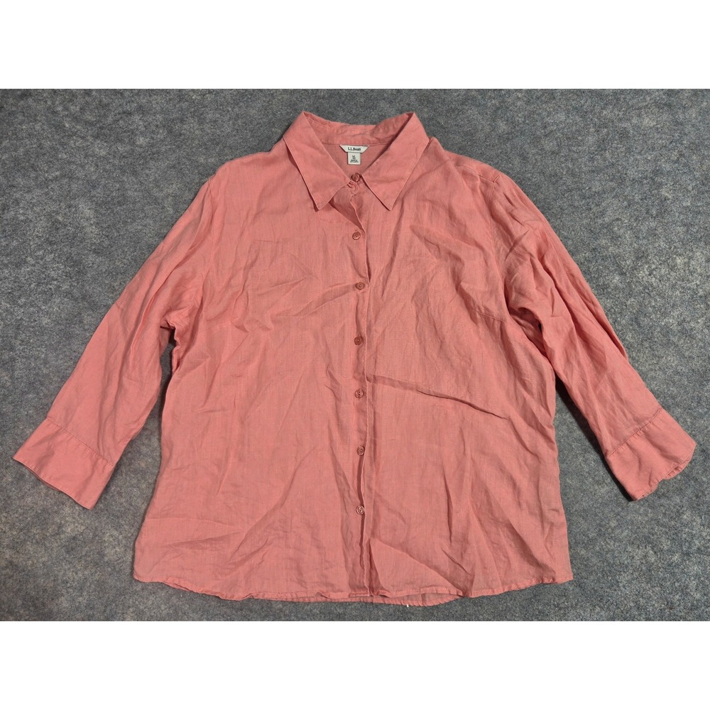 LL Bean Womens XL Linen Button Down Shirt Coral Pink 3/4 Sleeve 280381 Top